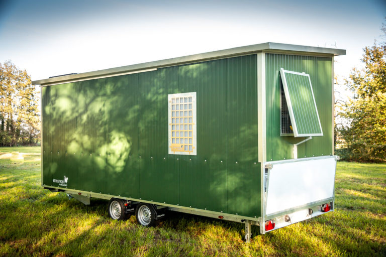 Ein mobiler Hühnerstall in grün mit einem Gitterfenster und Klapptür steht auf einer Wiese.